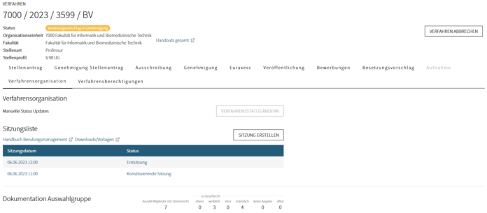 Screenshot ePAS. Sichtbar sind die für Mitarbeiter*innen benötigten Daten wie Verfahrensnummer, Organisationseinheit und alle Verfahrensschritte vom Stellenantrag bis zur Aufnahme